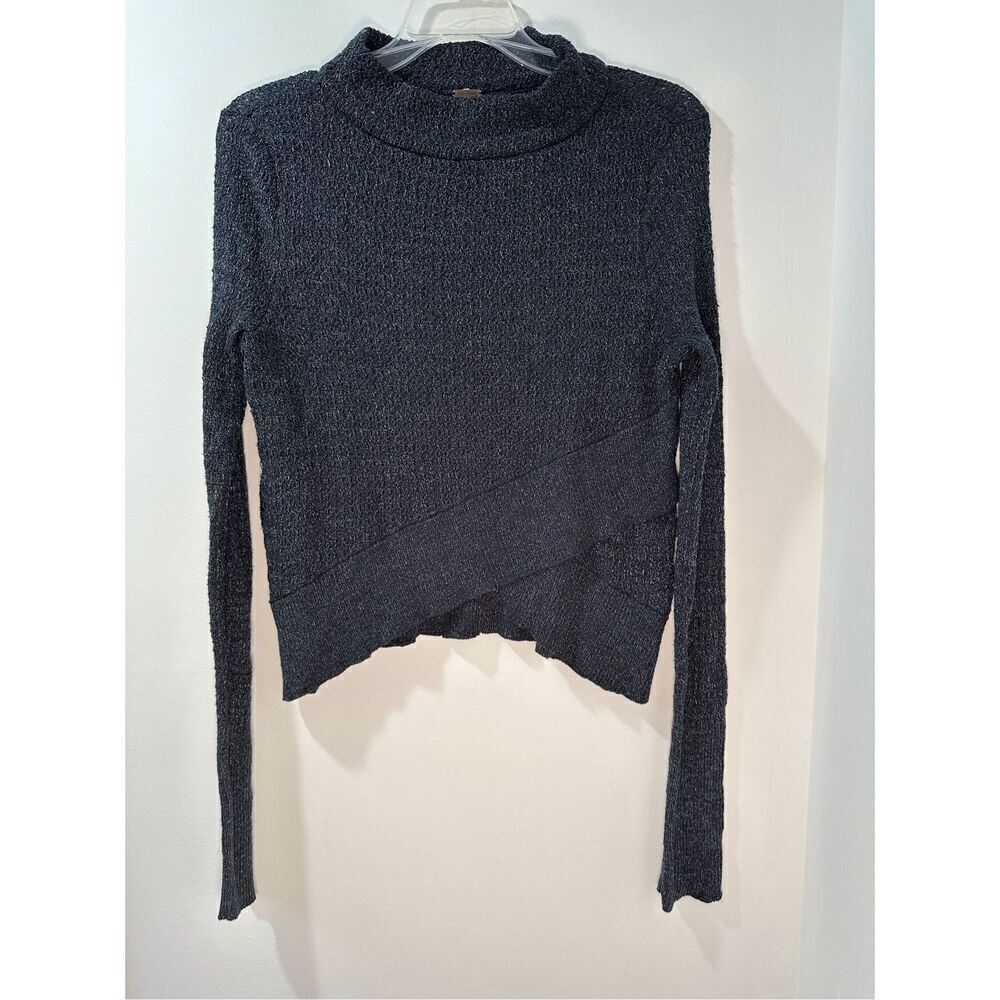 Free People Crop gray linen blend long sleeve mock neck sweater size XS #44-1733